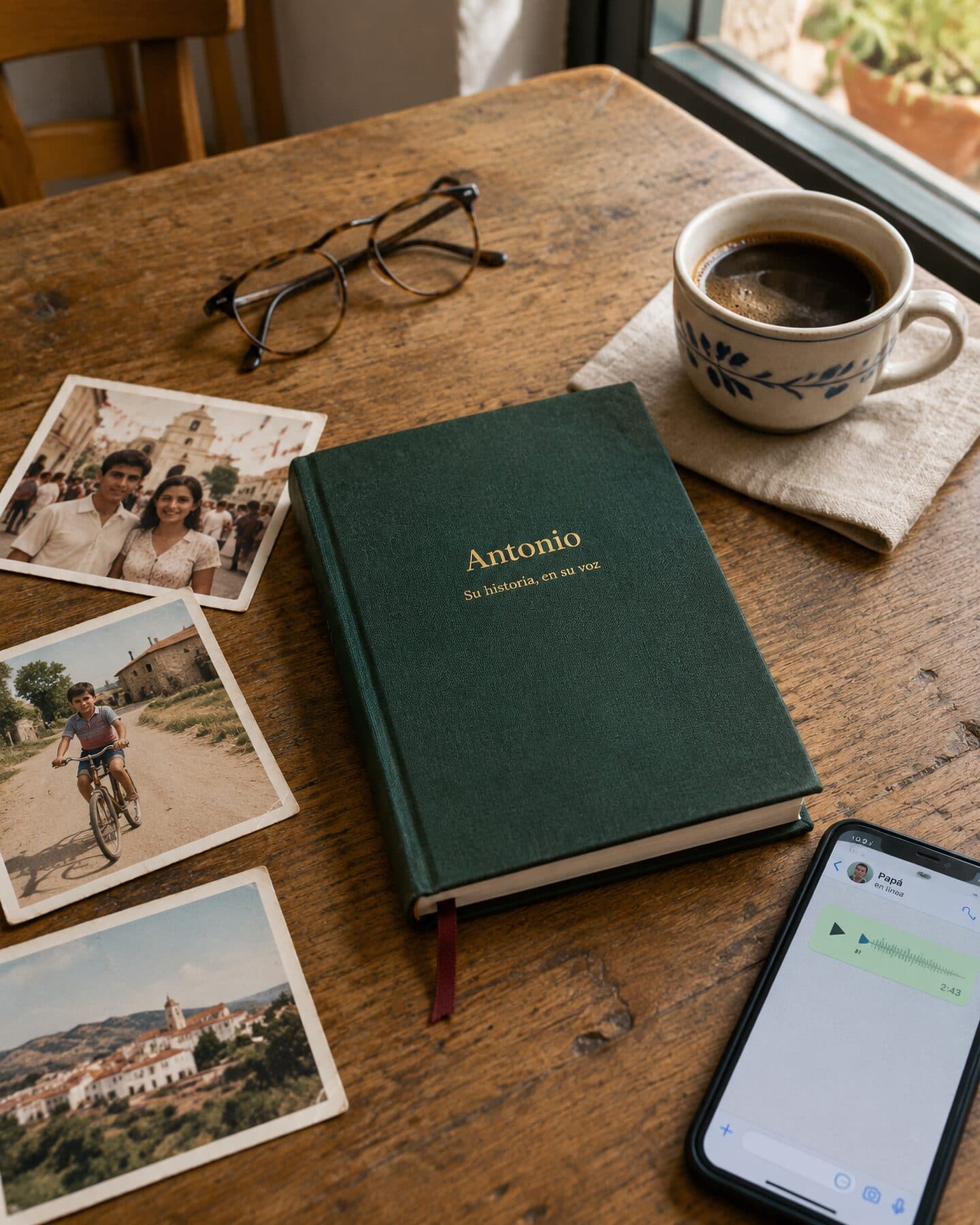 Un libro de tapa dura verde titulado «Antonio» sobre una mesa de madera, rodeado de fotografías familiares antiguas y un móvil con una nota de voz de WhatsApp.